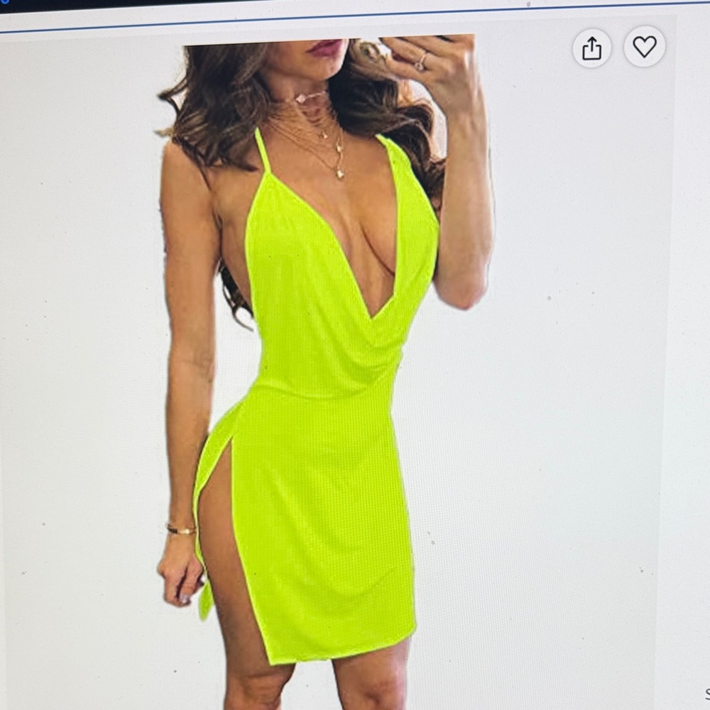 Neon Lime Plunge Cowl Neck Mini Dress